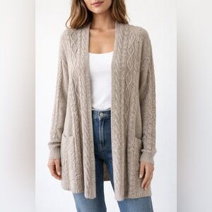 J. Jill Cable Knit Wool Blend Open Front Long Cardigan Cream Size L